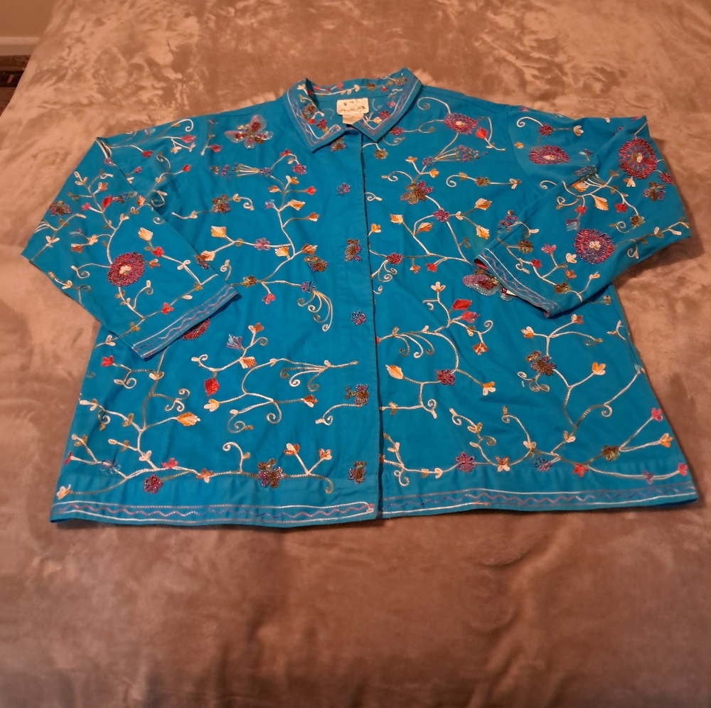 The Quacker Factory Vintage Cotton Blue Beaded Butterfly Jacket Sz Plus 1X.